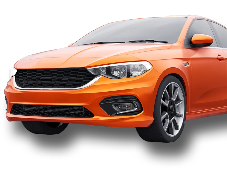 Bright orange rental car, front three-quarter view